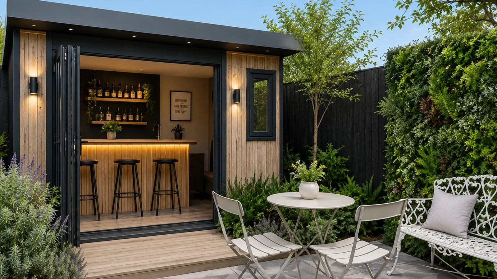 Bespoke Warwickshire garden bar with timber counter and pendant lights
