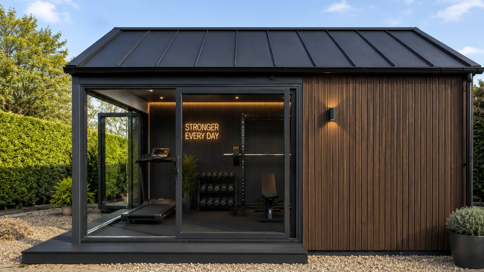 Bespoke Warwickshire garden gym with rubber flooring and a squat rack